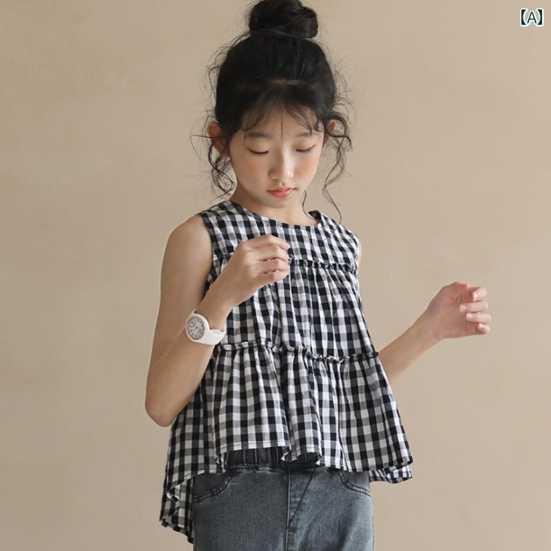 トップス ガールズ ノースリーブ ベビー ドール 夏 綿 チェック柄 小中学生 子供前 短く 後ろ 長い 少..