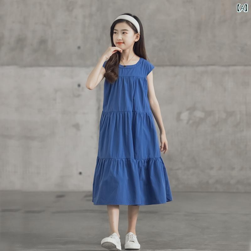 ドレス キッズ ファッション ガールズ ノースリーブドレス 韓国 子供 ロング 夏 中 大型 子供 タンクトップ ガールズ ゆったり ビーチ