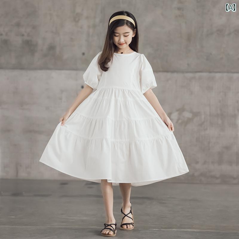 スカート キッズ ファッション ガールズ 夏 新 韓国 ホワイト プリンセス ガールズ 膝上 ロング パフスリーブドレス