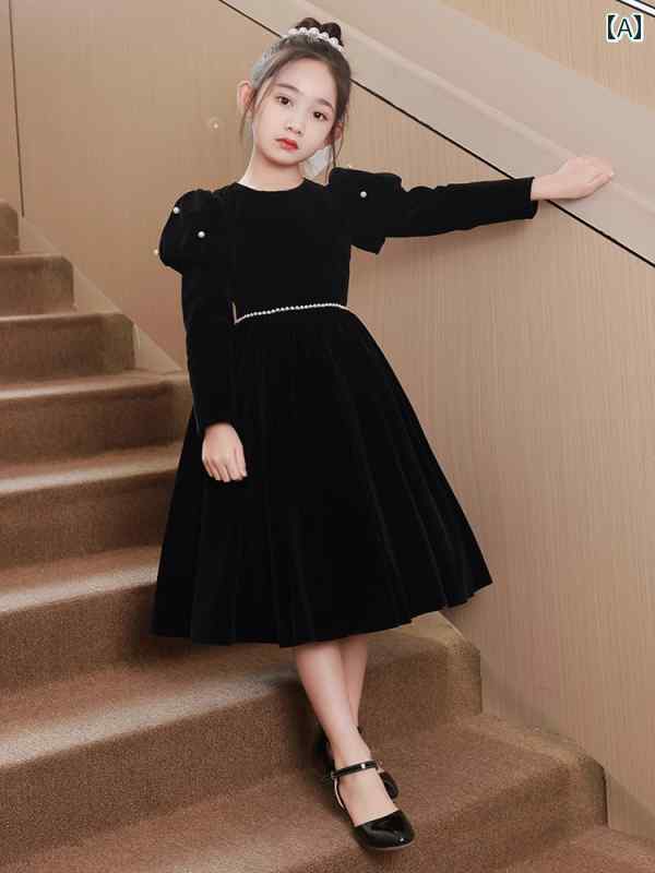 ドレス スカート 女の子 フレンチ ガールズ ハイエンド プリンセス 子供 黒 ベルベット ビッグ ガール 長袖