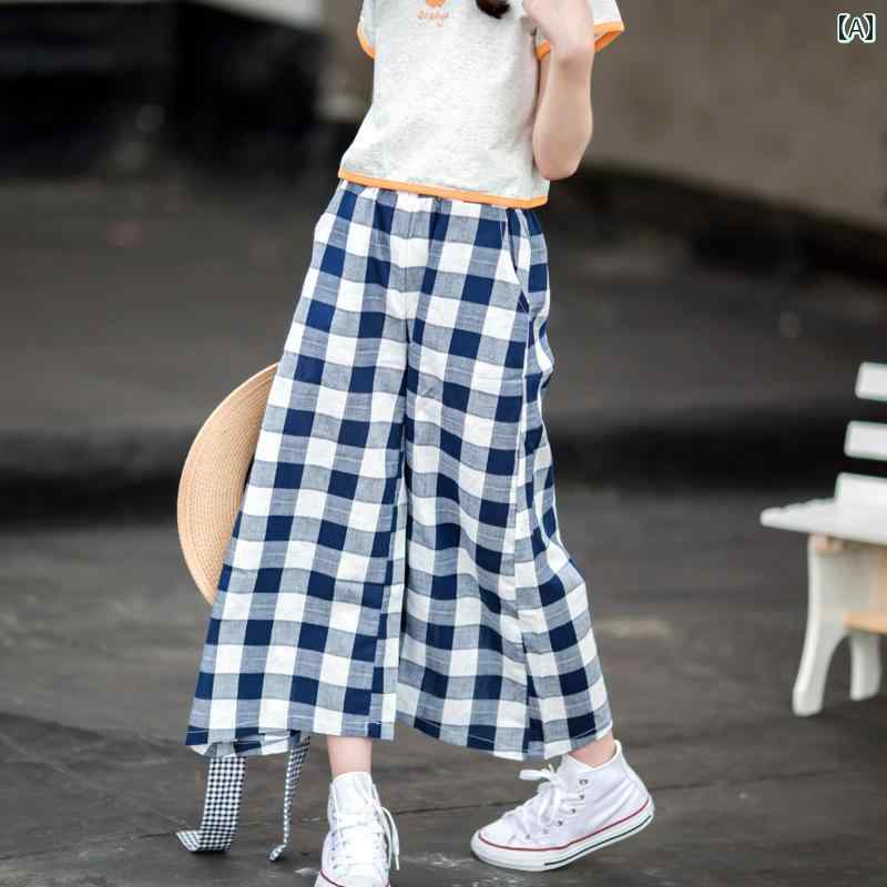 パンツ 女の子 ガールズ ワイド レッグ スーツ 夏 ファッション 薄手 小中学生 子供 チェック柄 カジュアル 九分丈