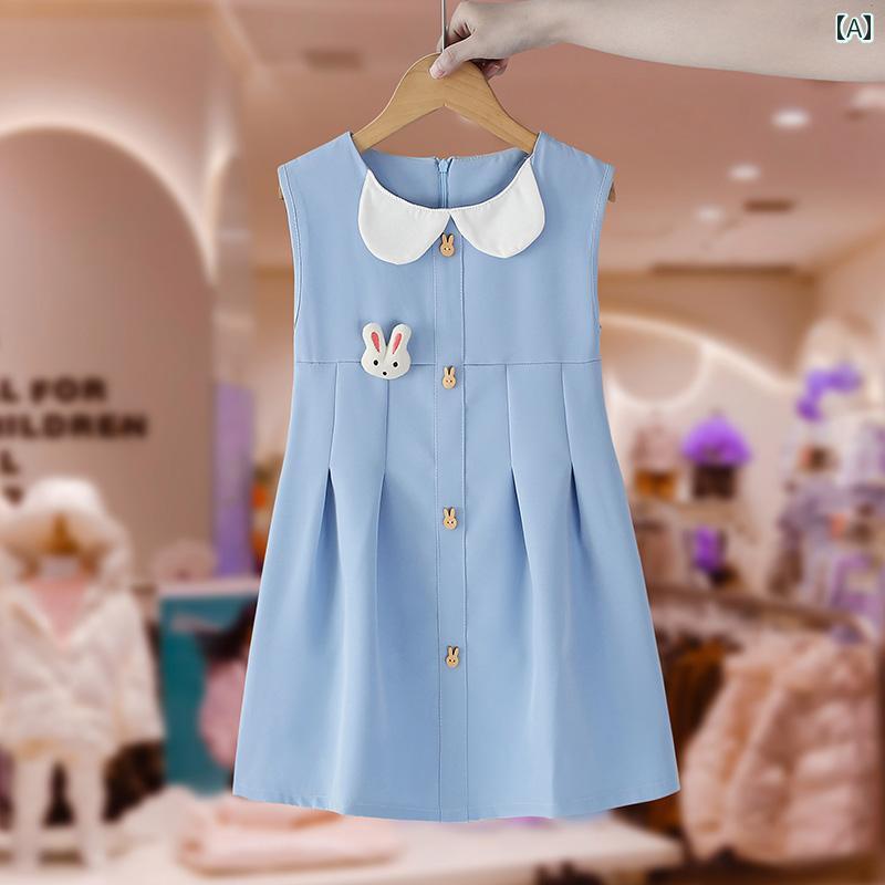 ドレス キッズ ウェア ガールズ 夏 子供服 リトル ガール ブルー プリンセス ウサギ ボタン ベスト