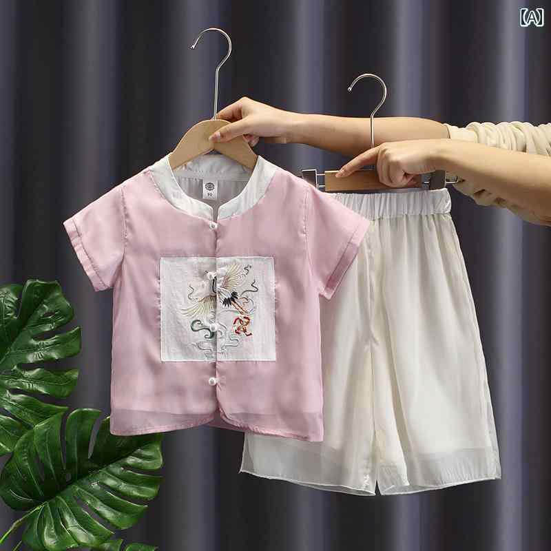 子供 中華風 漢服 夏 男の子 レトロ 半袖 唐 スーツ 赤ちゃん 幼稚園 パフォーマンス スーツ 2点 セット