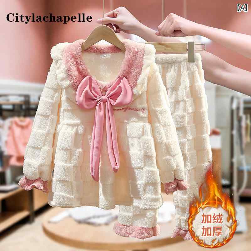 キッズ ウェア 子供服 ガールズ パジャマ セット ガールズ 秋冬 子供 コーラル ベルベット ホーム 服 ..