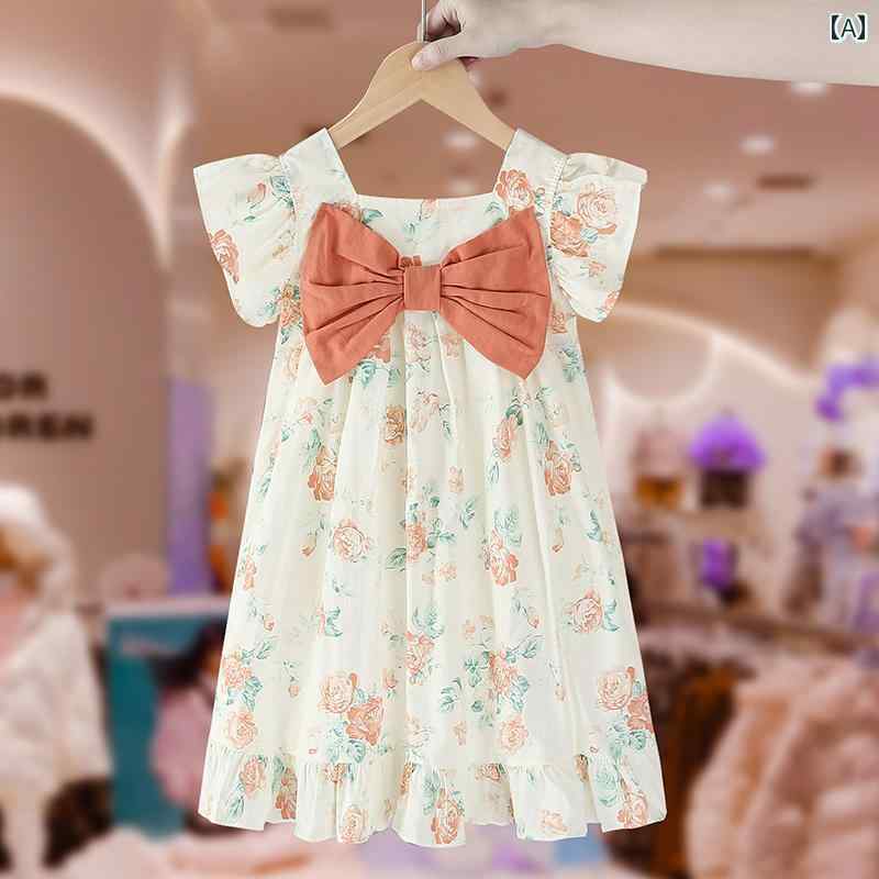 ドレス キッズ ウェア ガールズ 夏 子供服 少女 花柄 プリンセス ボウ フライング 袖 タンクトップ
