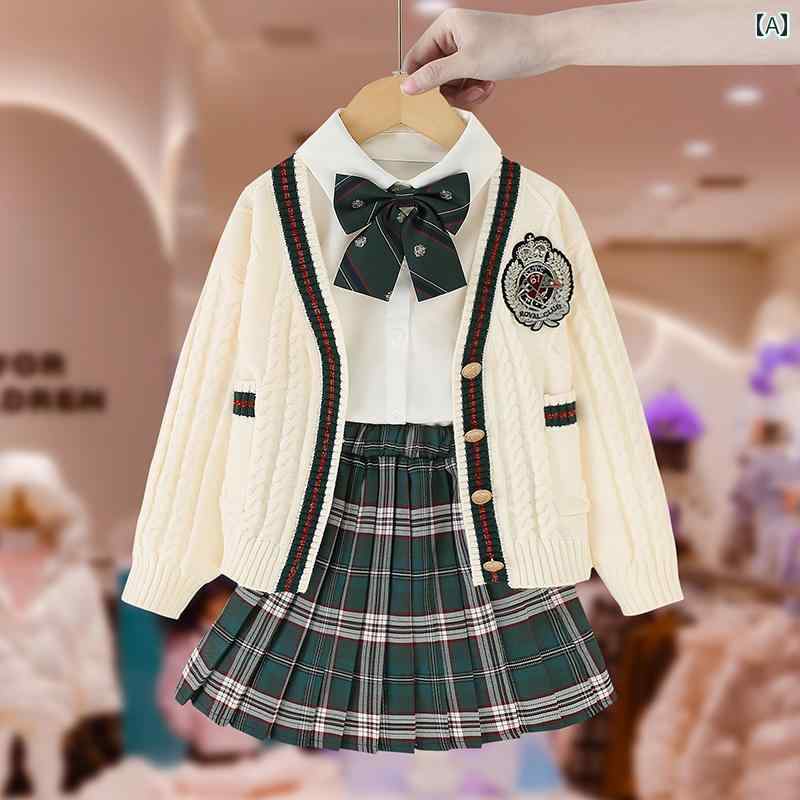 Occidental Goods - ジャケット ガールズ JK ガールズ ニットカーディガン 子供 カレッジ プリーツスカート セット 春秋 3 点 セット