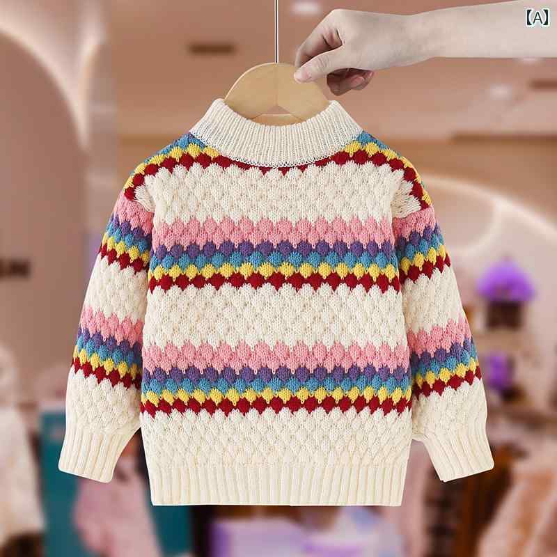シャツ 女の子 セーター 秋冬 レインボーストライプ ニット セーター 子供 ベルベット 厚手 ベビー インナー