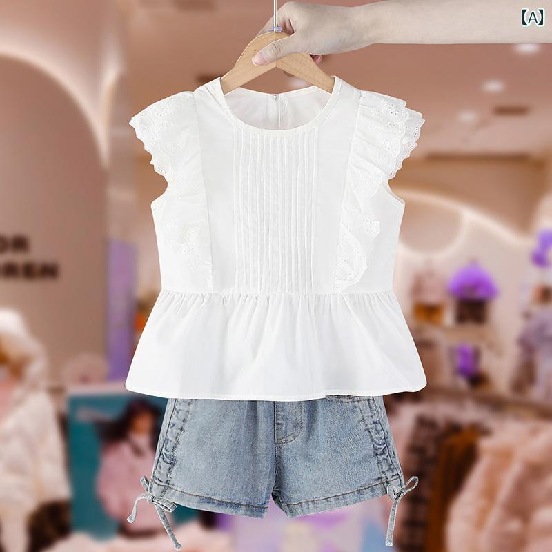 Other - トップス キッズ ウェア セットアップ ガールズ デニムショートパンツ スーツ 夏 子供服 洋風 ガール フライング スリーブ 2点 セット