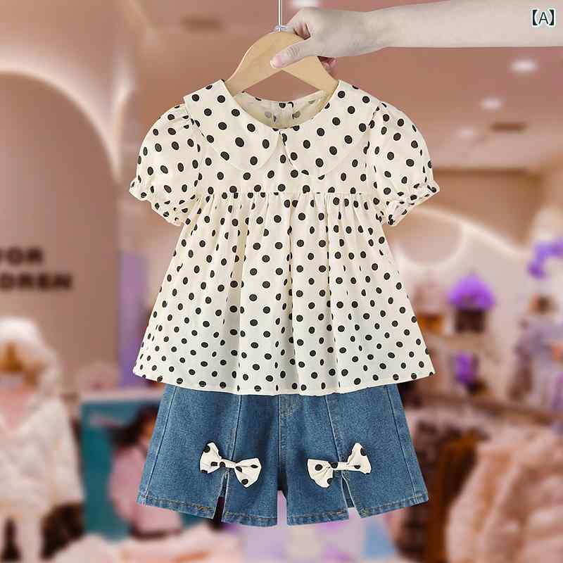 シャツ キッズ ウェア セットアップ ガールズ スーツ 夏 子供服 幼児 赤ちゃん 水玉 リボン デニムショートパンツ 2点 セット