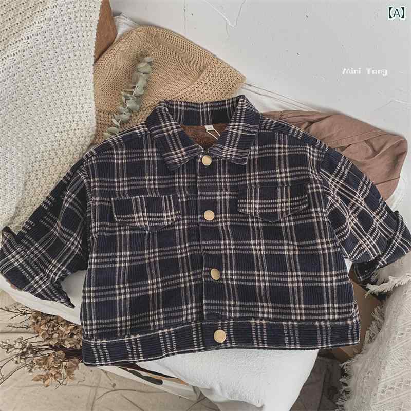 ジャケット コート 子供服 レトロ 韓国 子供用 チェック柄 裏起毛 暖かい メンズ レディース ベビー コーデュロイ 綿 冬服