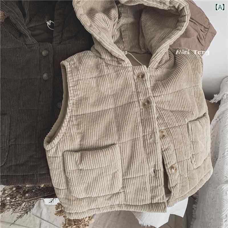 コート 子供服 韓国 コーデュロイ キルティング フード ベスト シングルブレスト チョッキ 男の子 ガールズ 冬用