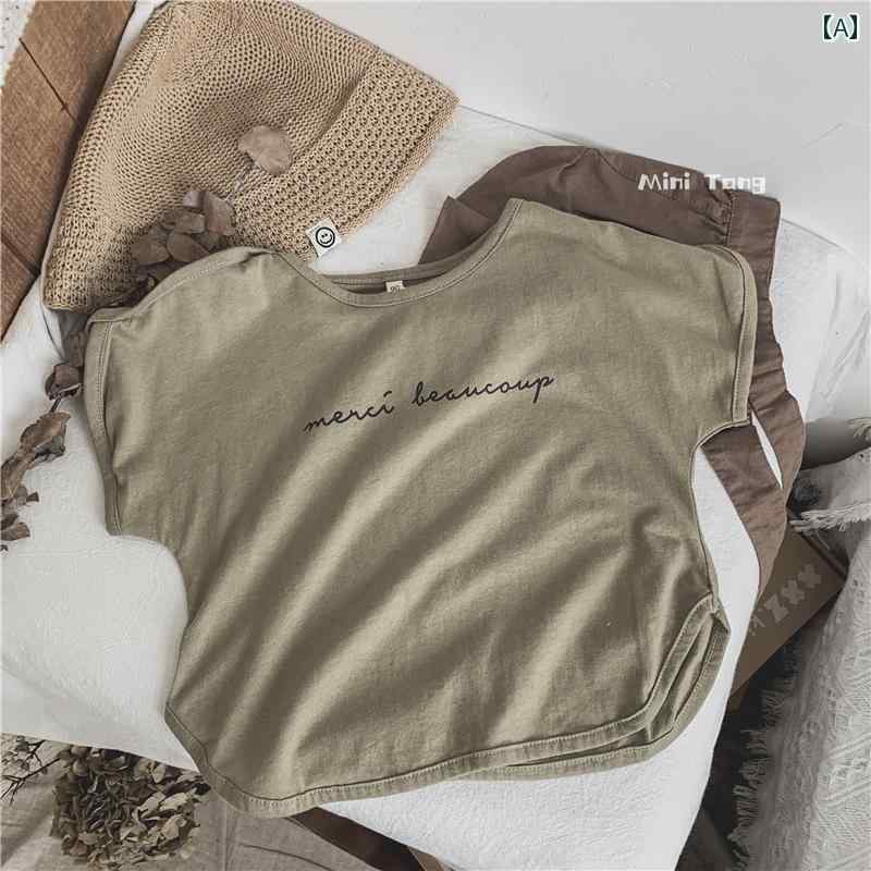 子供服 韓国 西洋風 児童 プリント 文字 サイド バット スリーブ 半袖 Tシャツ メンズ レディース用 ベビートップス