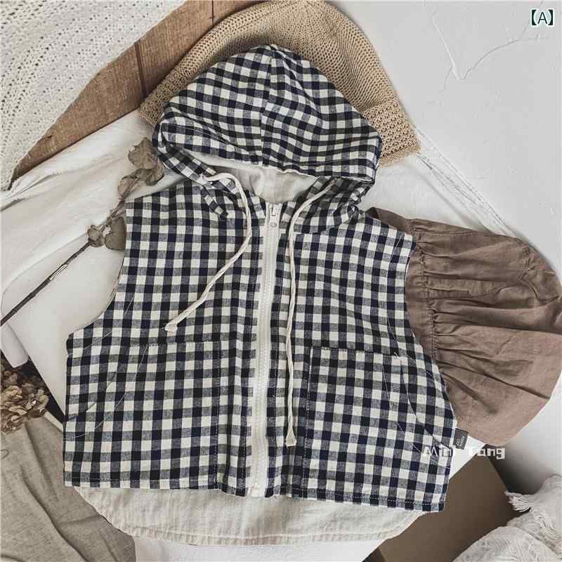 ジャケット 子供服 多彩 子供用 二層 コットンリネン フード ベスト ユニセックス 男性 女性 ベビー チェック柄 ジッパー スモール 春秋