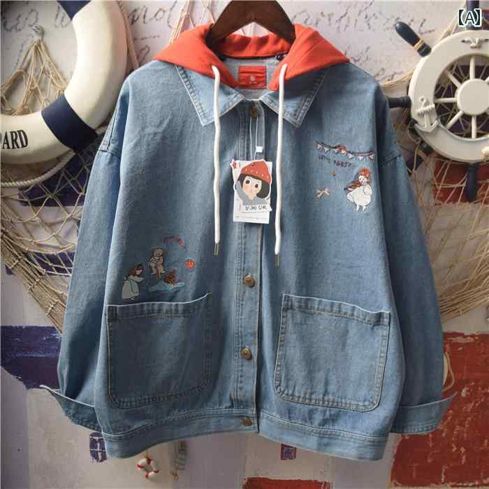 柔らかい ガールズ 子供 かわいい クマ イチゴ 刺繍 ステッチ 取り外し 可能 フード デニムジャケット ガールズ 学生