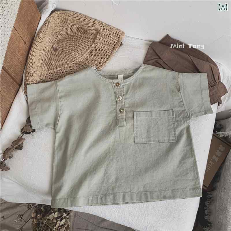 トップス 子供服 レトロ 涼しさ 通気性 韓国 子供用 ラミー ラウンドネック 半袖 Tシャツ メンズ レディース用 夏 着 シンプル