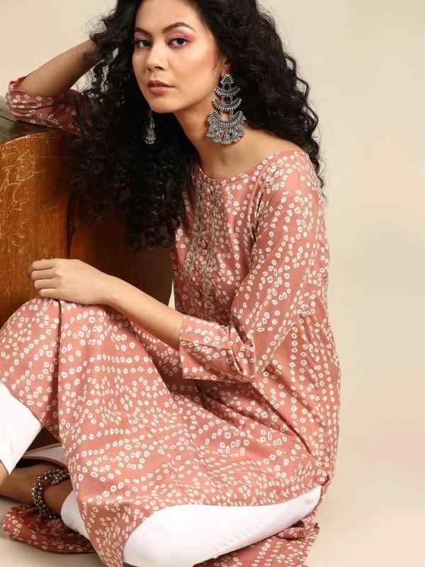 トップス インド レディース 民族衣装 ファッション エスニック クルタ 綿 プリント ミドル丈 薄手 春夏 薄手 七分袖 オレンジ ピンク