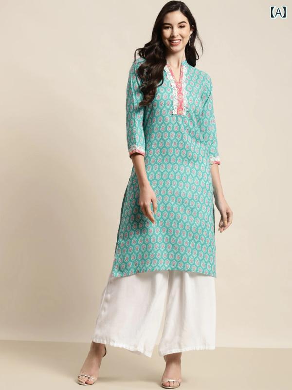 トップス レディース ファッション インディアン インド ダンス 服 日常 ミッド ロング グリーン ピンク プリント エスニック Vネック コットン