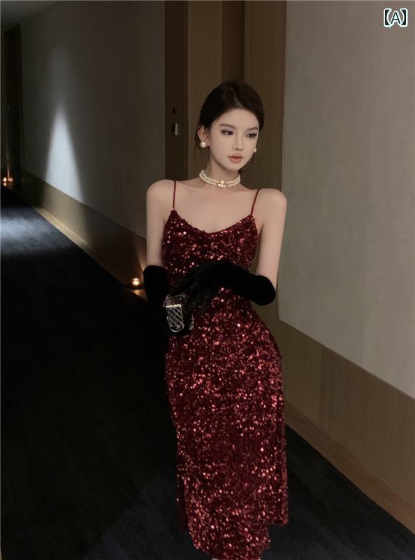 ドレス イブニングドレス カクテル パーティー 高級感 バーガンディ Vネック スパンコール サスペンダ..