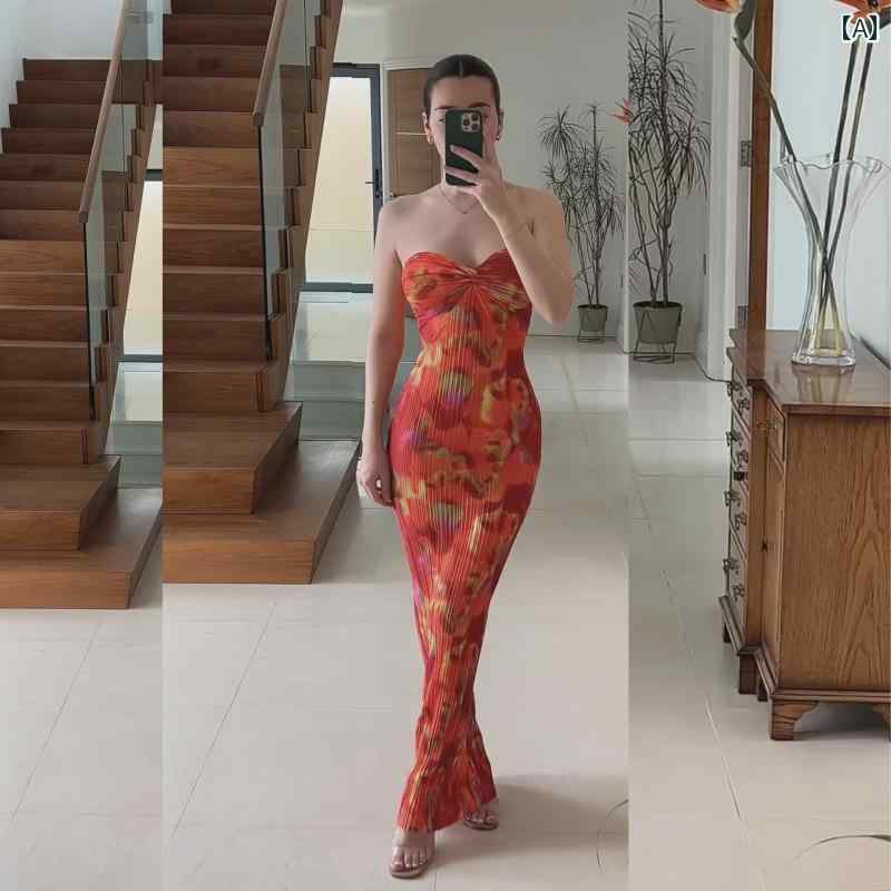 ドレス スカート レディース リゾート ファッション アメリカ チューブ トップ バックレ スプリント プリーツ スリミング ホリデー