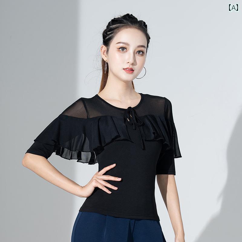 トップス 社交ダンス レディース 春夏 女性用 ミッド スリーブ モダン プロ ブラック プール ラテン ダンス 競技 服