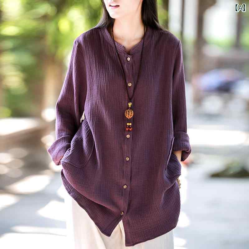 Long-Sleeved - シャツ トップス シャツ レディース リネン 長袖 女性 春秋 レトロ ル ー ズ ソリッドカラー アウターウェア コットンリネン ベース