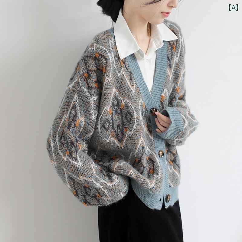 コート レディース レトロ ジャカード ニットカーディガン 秋冬 韓国 精巧 職人技 カラーマッチング 厚手 セーター