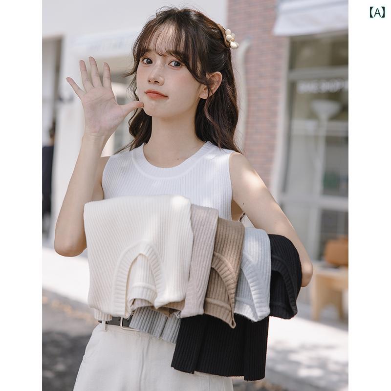 シャツ トップス レディース フレンチ ホワイト キャミソール インナー スーツ ボト 春夏 ショート アウター ノースリーブニット