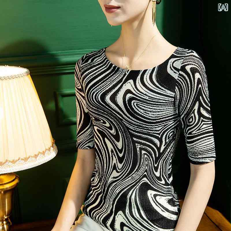 トップス シャツ レディース プリント ラテン ダンス トレーニング 服 大人用 社交 ダンス メッシュ ミッド スリーブ ダンス 服 モダン ボトム