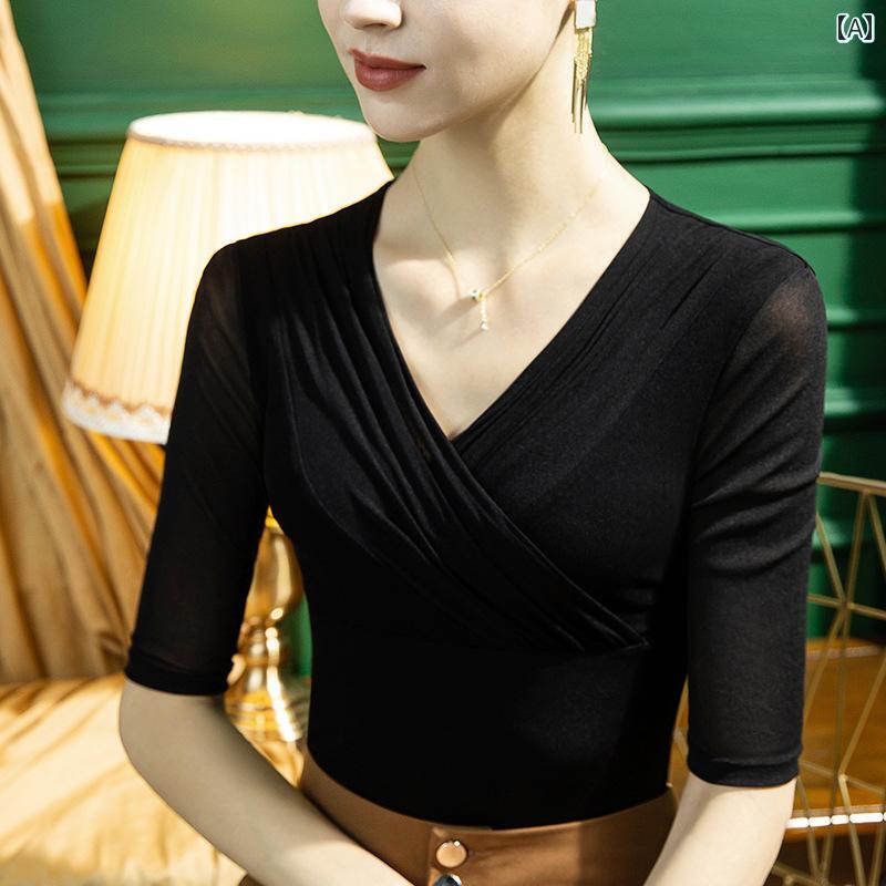 トップス レディース メッシュ ラテン ダンス ミッド スリーブ 女性 夏 ボディ トレーニング 服 社交ダンス 標準 モダン ダンス 練習 服