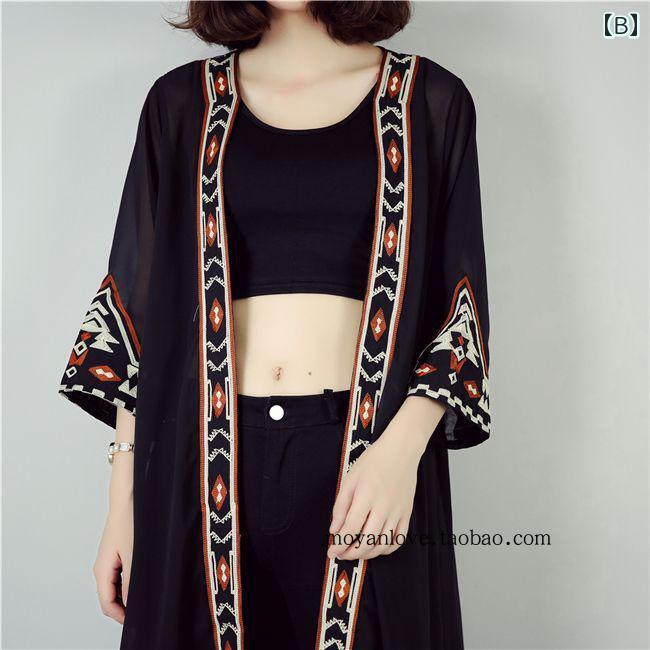 ビーチ カーディガン レディース ファッション エレガント エスニック 刺繍 カーディガン 薄手 ミドル丈 シフォン 日焼け防止 服 ビーチ ビキニ カバー アップ