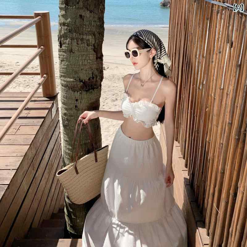 ドレス スカート リゾート ワンピース レディース フレンチ ハイエンド シェル型 スプリット 海辺 休暇 ホルターネック チューブ トップ 2点 セット