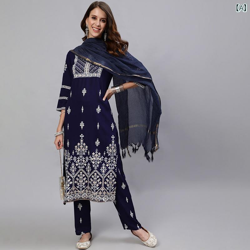 レディース インド 衣類 コットンプリント 伝統的 サイド カバー 3 ピース エスニック スーツ カジュア..