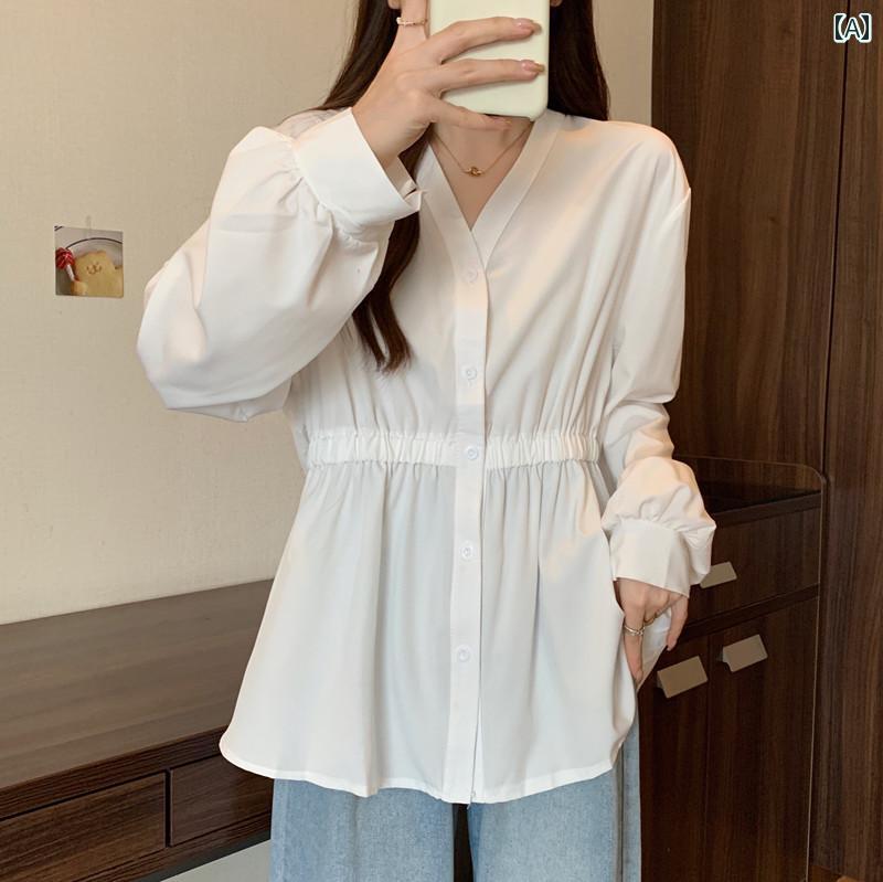 シャツ レディース ブラウス Vネック ウエスト カバー お腹 カバー 秋 長袖 大きめ サイズ ハイエンド ゆったり スリムトップス