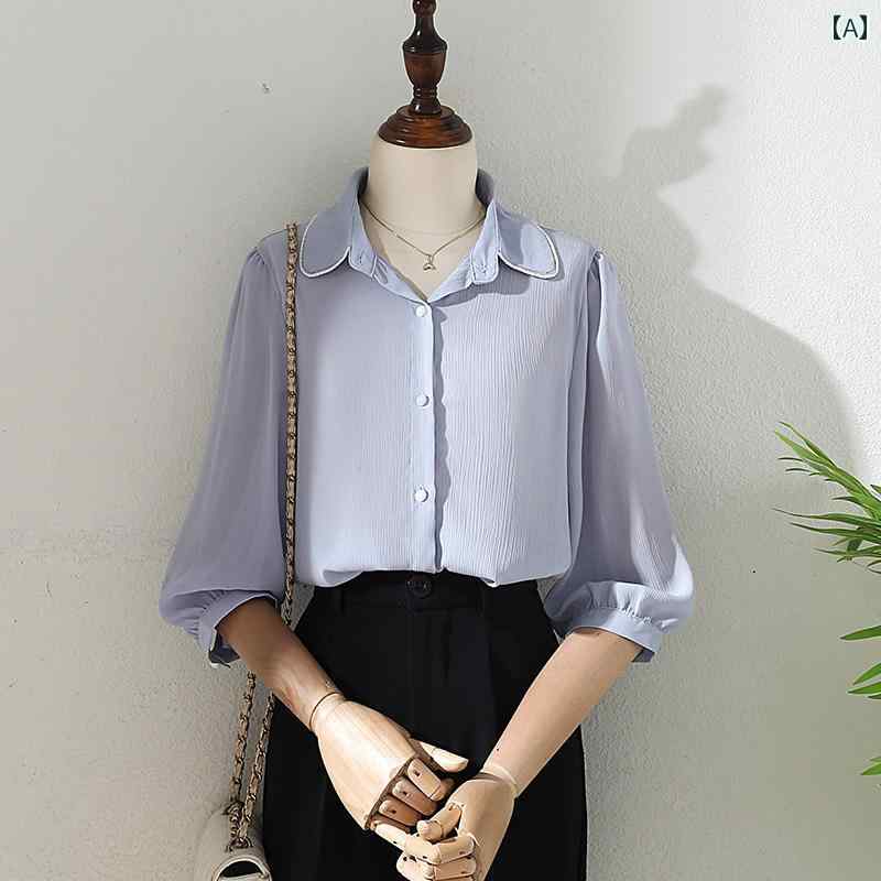 シャツ レディース ブラウス 夏 女性 ブルー シフォンシャツ フェミニン 七分丈 ランタン スリーブ 通勤 プロ アンダー