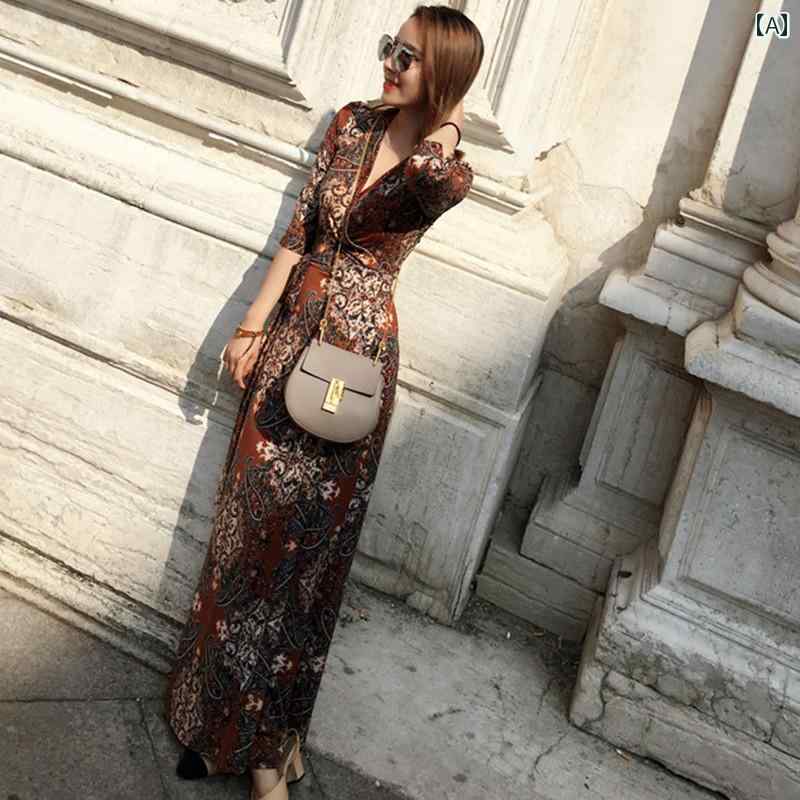 スカート レディース ファッション 婦人服 春秋 7 分袖 Vネック レトロ スリム ロング 黒 スリットドレス