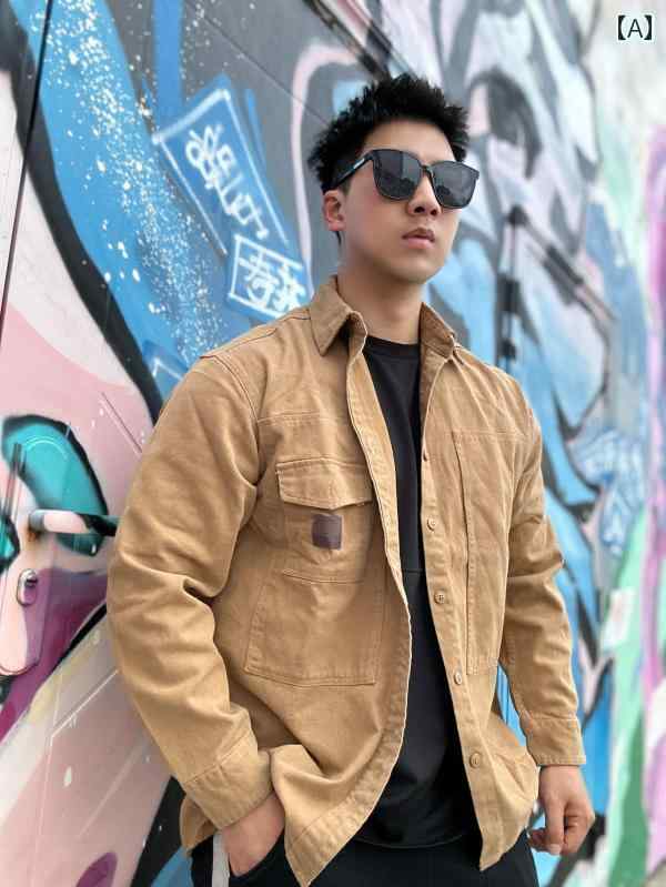 ジャケット マッスル メンズ アメリカン ヘビーウェイト レトロ ワークシャツ 春秋 レトロ ラベル 起毛 長袖