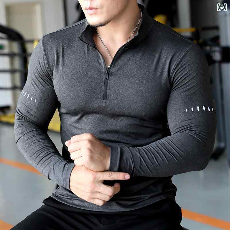 マッスル メンズ フィットネス タイツ 長袖 速乾 スタンドカラー ポロ スポーツ 弾性 通気性 トレーニ..