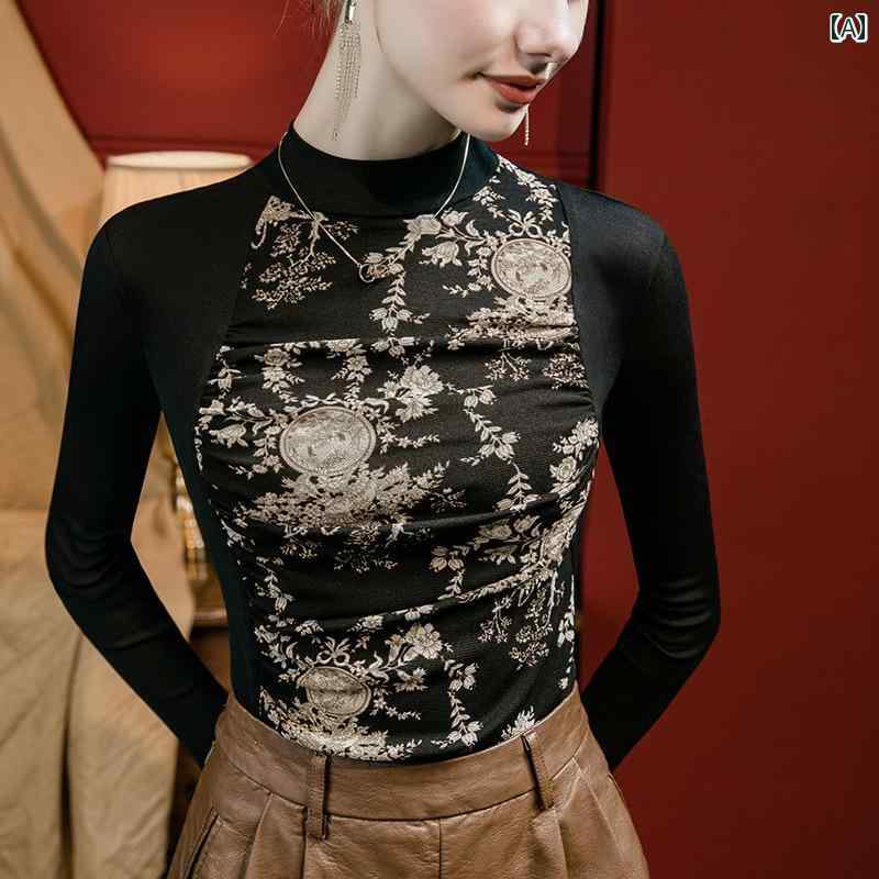 トップス レディース ハーフ タートルネック 標準 ラテン 長袖 女性 プリント メッシュ 社交 ダンス 練習 服 ダンス ベース