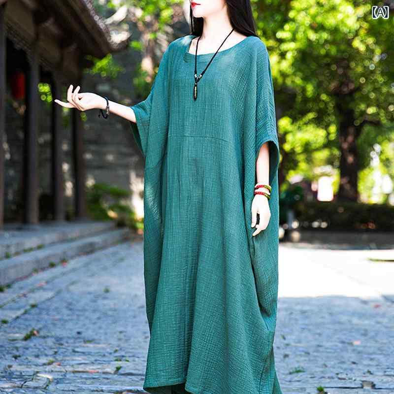 ドレス スカート レディース リネン 春秋 大きいサイズ ミッド スリーブ コットンリネン ラウンドネック ハイエンド ロング ローブ