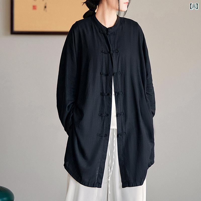 樂天商城 - シャツ レディース リネンシャツ 春秋 アウターウェア ミドル丈 薄手 長袖 綿 リネン レトロ ドレープ 太極拳 スーツ