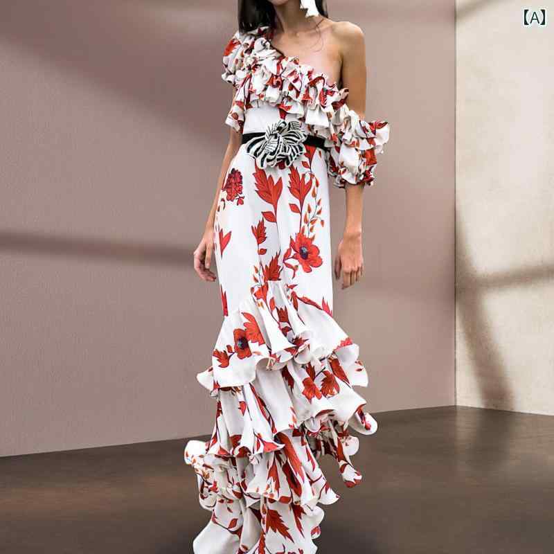 ドレス スカート レディース 海辺 バケーション ワンショルダー シック フリル ロング フレンチ ウエス..