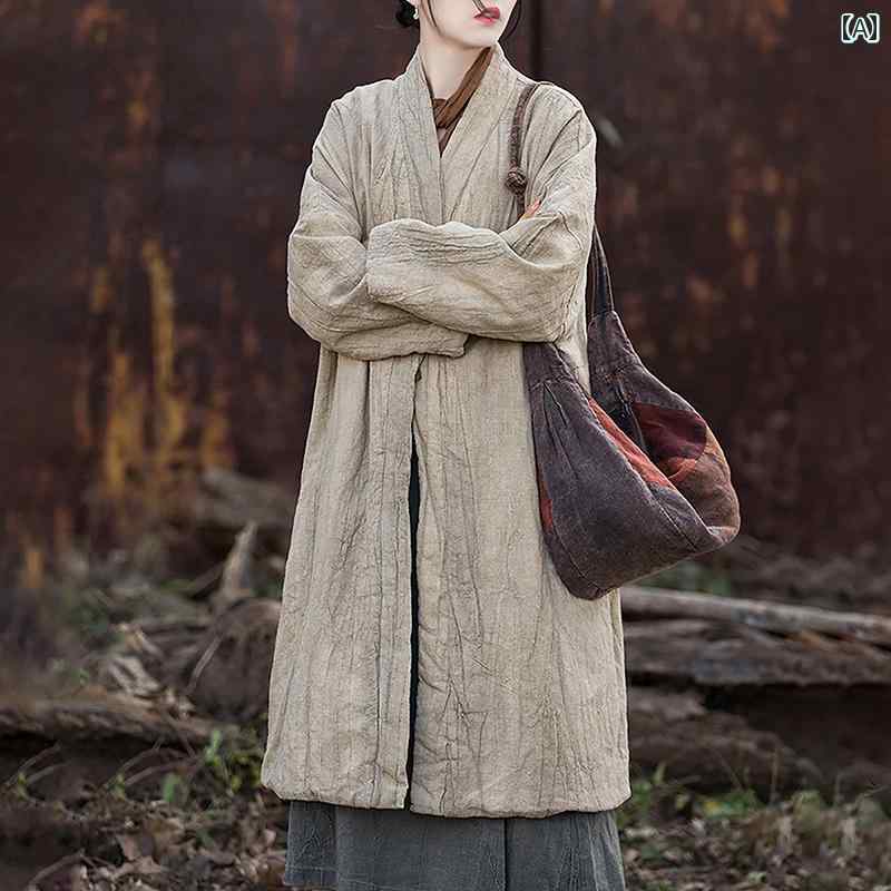 レディース ラミー 絞り染め 綿服 冬 アンティーク調 キルティング 厚手 瞑想 綿 リネン 婦人服 長 綿 ローブ