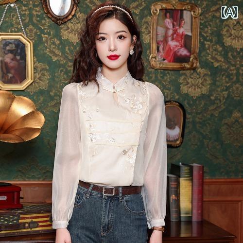 トップス シャツ ブラウス 立ち襟 レディース 中華風 軽量 インナーウェア シック 美しい 小さい オー ガンジー 長袖 スタンドカラー