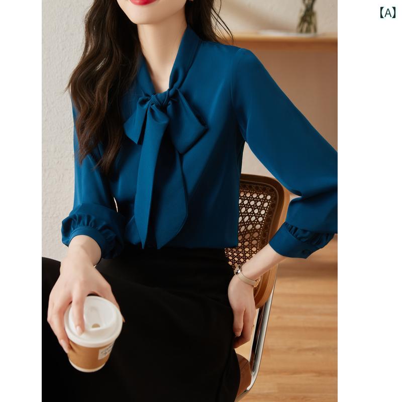 シャツ ブラウス ボウタイ レディース フランス リボン 蝶 ネクタイ シフォン 長袖 秋 ボト プロ OL 多目的 ストリーマー(4)