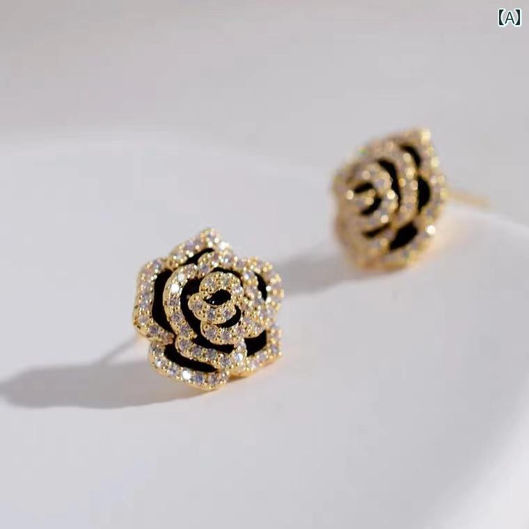 ピアス 大人 かわいい アクセサリー レディース S925 スターリングシルバー ニードル 黒 椿 ピアス フ..