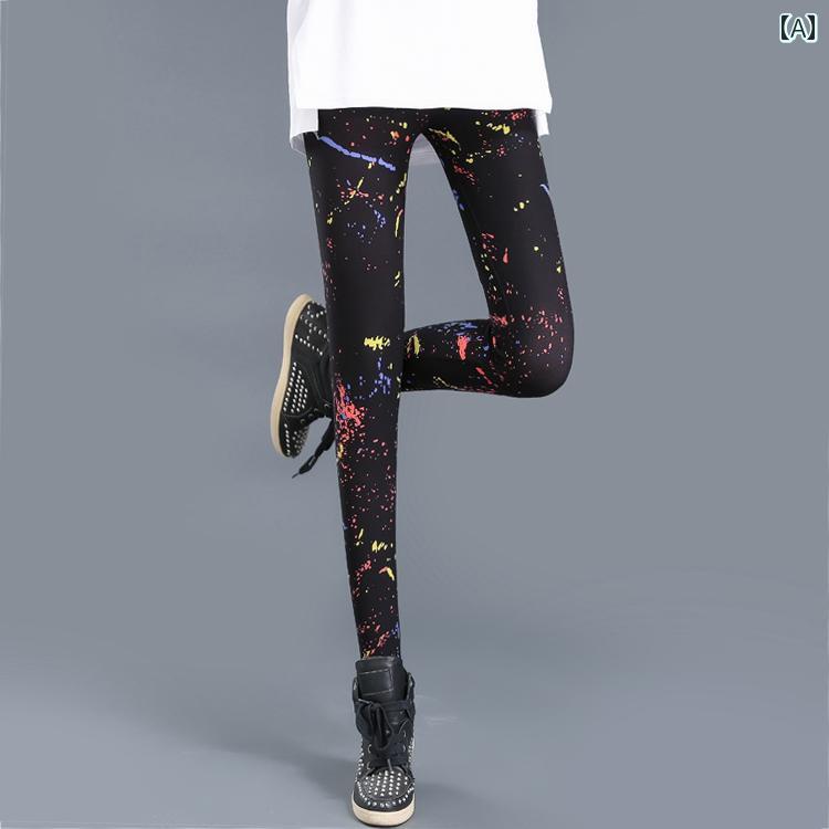 パンツ レディース 春 プリント レギンス 薄手 アウターウェア 落書き カラー 裾細 女性用 韓国 スリム ハイウエスト