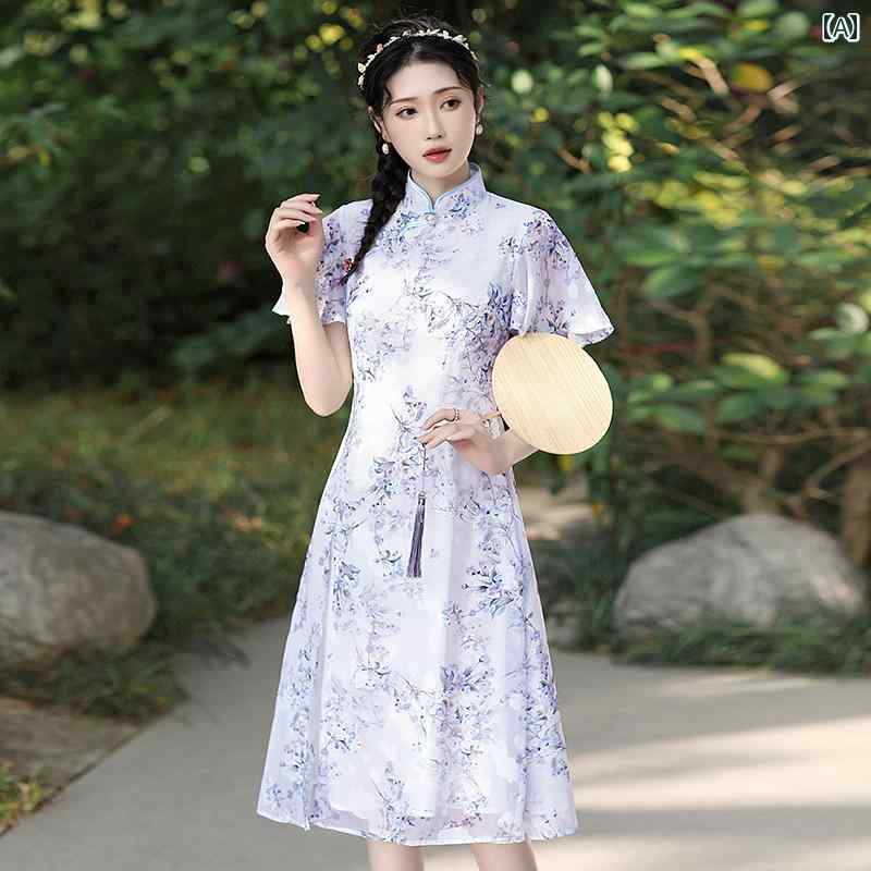 ドレス アオザイ コスプレ 民族衣装 レディース チャイナ レトロ 中国 半袖 斜め 前立て シフォンプリント ショート エレガント