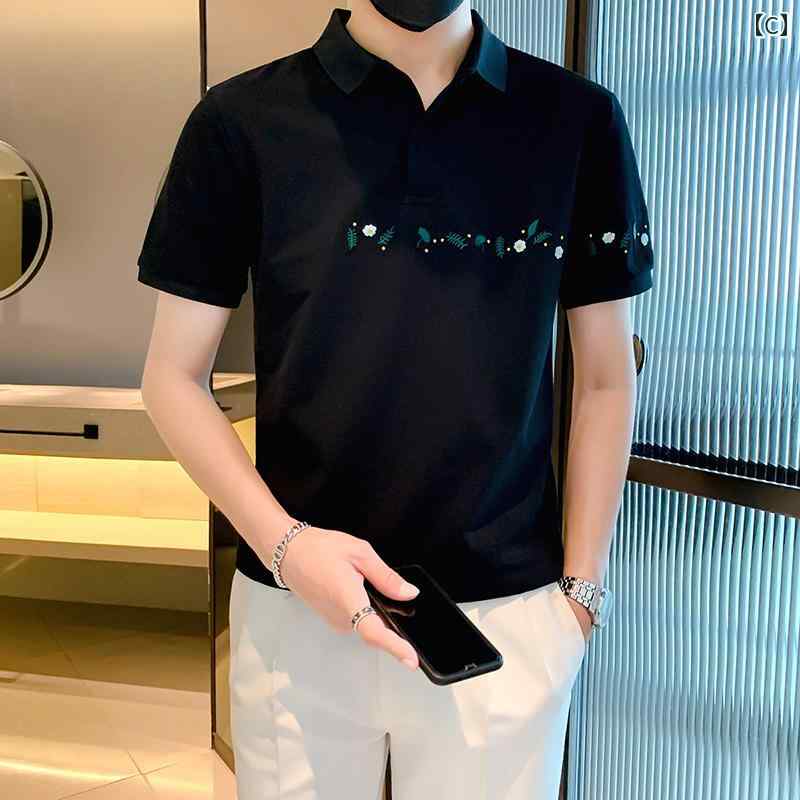 トップス ポロシャツ メンズ カジュアル 刺繍 半袖 夏 冷感 薄手 ファッション スリム 小さい フレッシュ Tシャツ