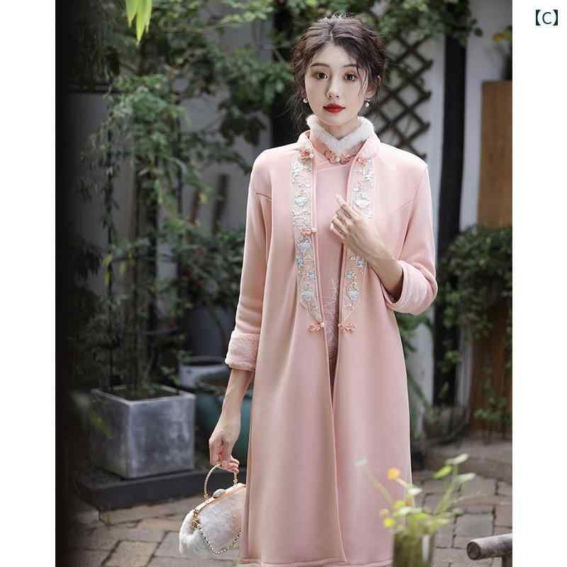 ドレス チャイナ おしゃれ コスプレ 写真撮影 民族衣装 レディース 冬 裏起毛 厚手 ハイエンド レトロ 中華風 長袖 冬 ピンク 女性