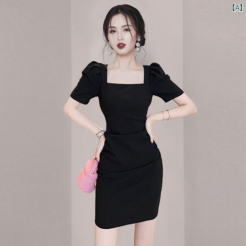 スカート イブニングドレス レディース フレンチ ハイエンド スクエアネック ヒップ 懇親会 黒 パフスリーブドレス 夏